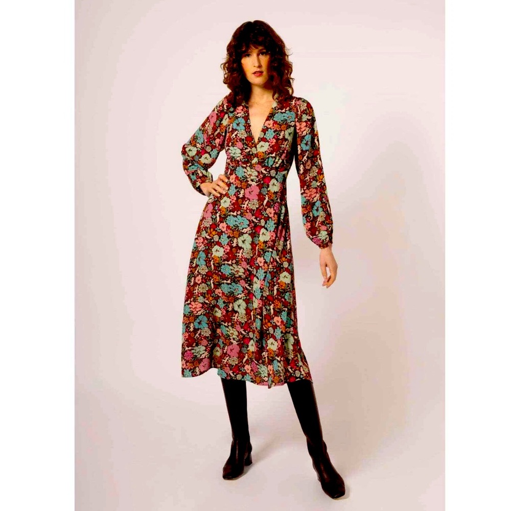 FRNCH Paris Aida Small Multi-Color Floral Open‎ Tie-Back Midi Dress - NWT